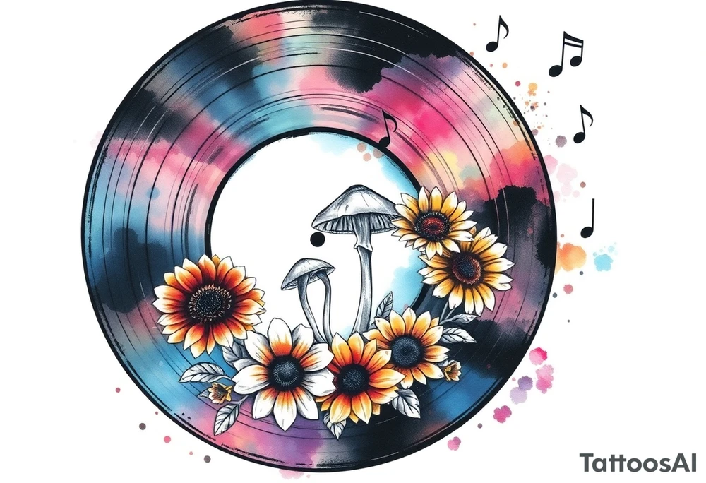 vinyl record with mushrooms, sunflowers, and music notes tattoo idea