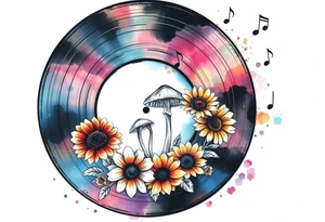 vinyl record with mushrooms, sunflowers, and music notes tattoo idea