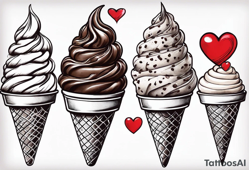 sketch chocolate chip ice cream cone with one red heart tattoo idea