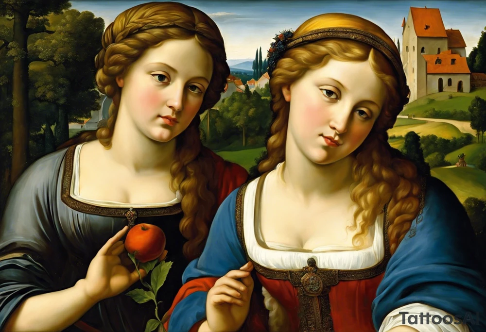 3 webliche Menschen die nebeneinander stehen. Die linke ist ein junges mädchen, die mittlere eine reife Frau, die rechte eine sehr alte frau. Sie blicken  nach vorne.
Es sind 3 weberinen. Sie symbolisisren die moiren, alte schicksalsgöttinen. in schwarz und weis als tattoo tattoo idea