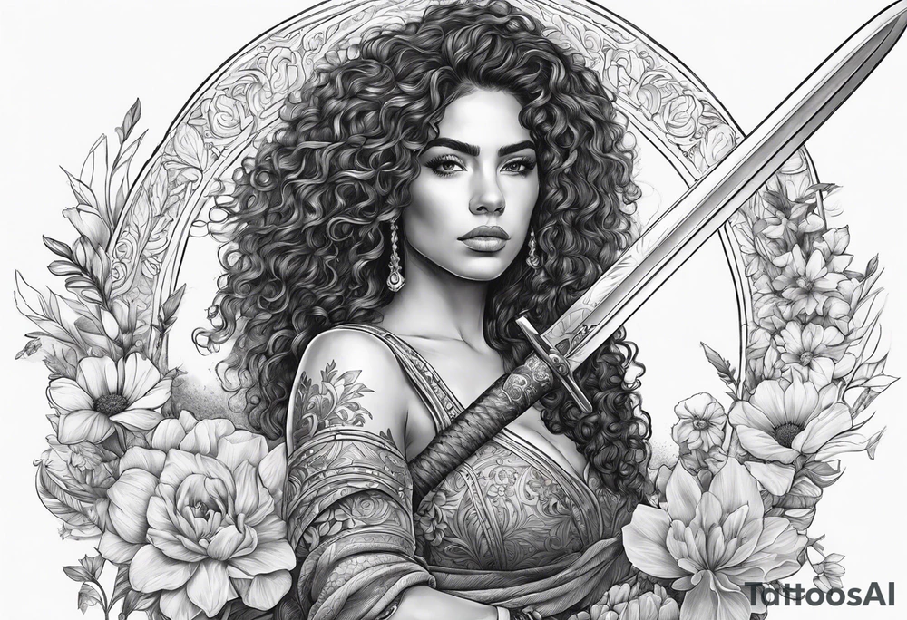 Spanish woman warrior curly hair half with sword sleeve arm wildflowers tattoo idea