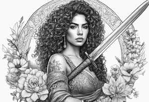 Spanish woman warrior curly hair half with sword sleeve arm wildflowers tattoo idea