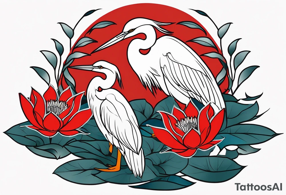 Egret and red lotuses tattoo idea