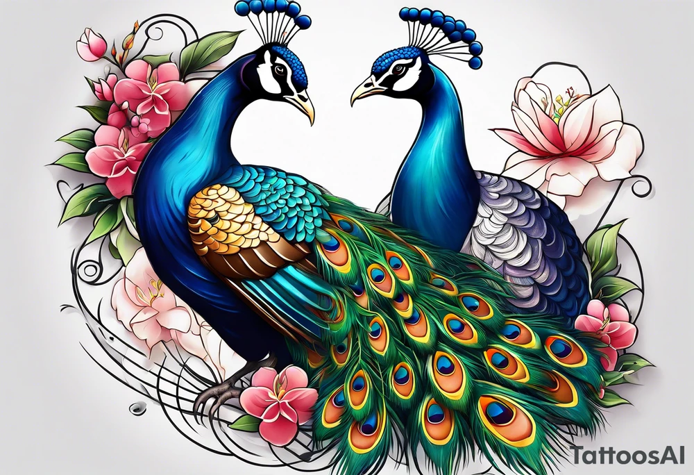 peacock with bamboo and flowers tattoo idea