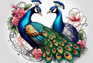 peacock with bamboo and flowers tattoo idea
