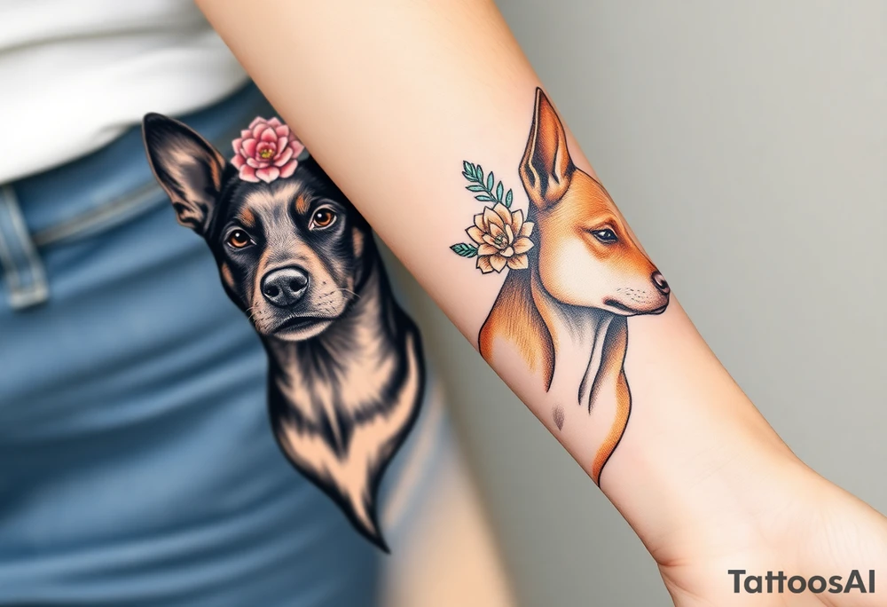 a black merle Australian cattle dog and a tan staffie with flowers and succulents around their heads tattoo idea