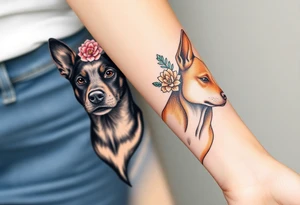 a black merle Australian cattle dog and a tan staffie with flowers and succulents around their heads tattoo idea