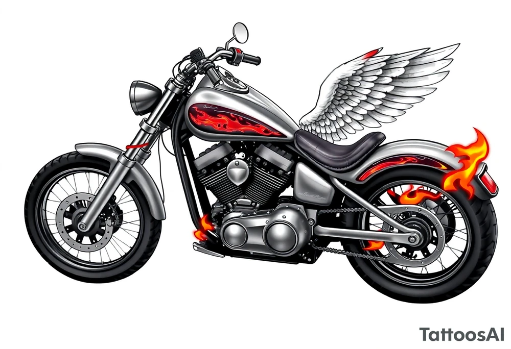 Low rider grey motorcycle, flames, angel wings tattoo idea
