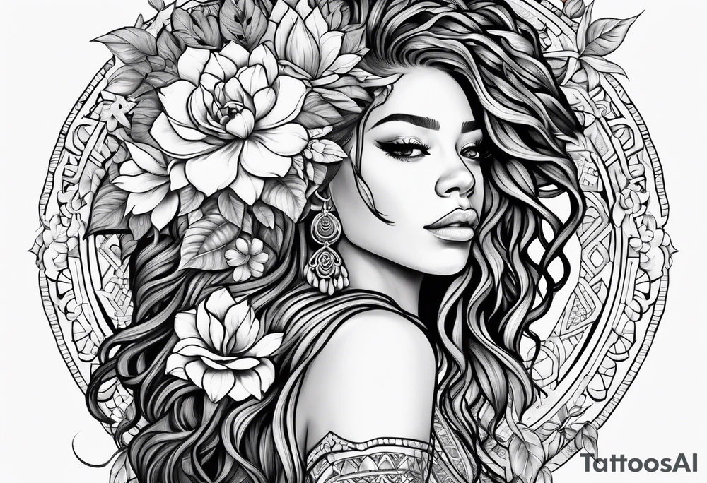 Woman with dreadlocks and flowers in mandala tattoo idea