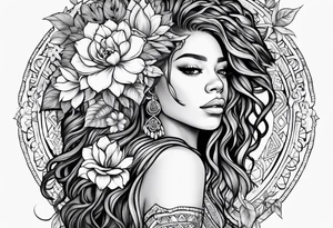 Woman with dreadlocks and flowers in mandala tattoo idea
