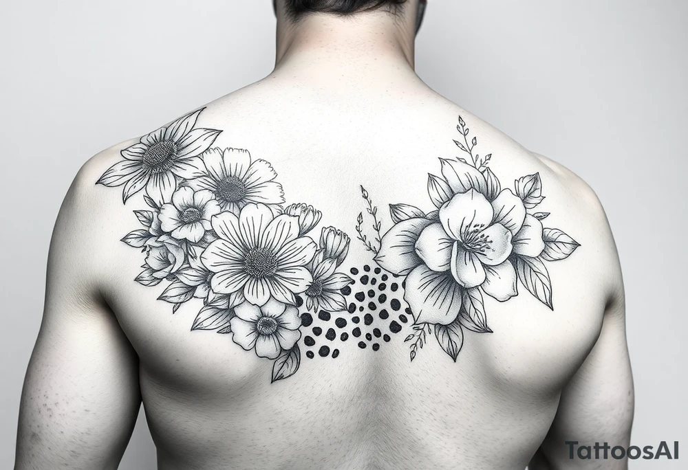 Arm sleeve with a variety of flowers and leopard print filler tattoo idea