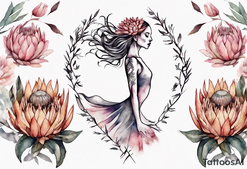 Create a very feminine tattoo of a dancing woman surrounded by protea flowers. Add the words: God is within her, she will not fall. tattoo idea