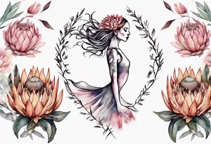 Create a very feminine tattoo of a dancing woman surrounded by protea flowers. Add the words: God is within her, she will not fall. tattoo idea