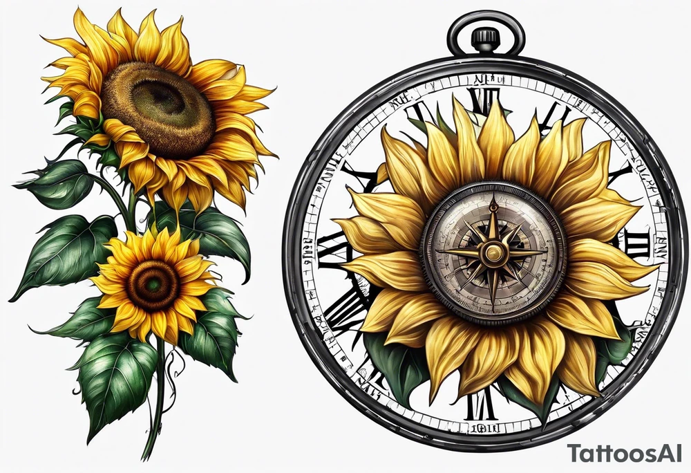 Sunflower next to a compass tattoo idea