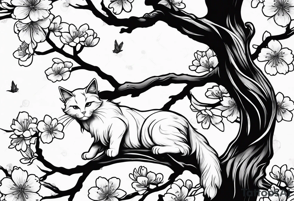 elongated cherry blossom branch meeting with a dying pine tree with hidden cute demon cat tattoo idea