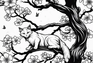 elongated cherry blossom branch meeting with a dying pine tree with hidden cute demon cat tattoo idea