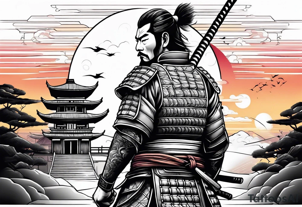 Samurai standing next to a temple with a sunset behind him tattoo idea Samurai standing next to a temple with a sunset behind him tattoo idea