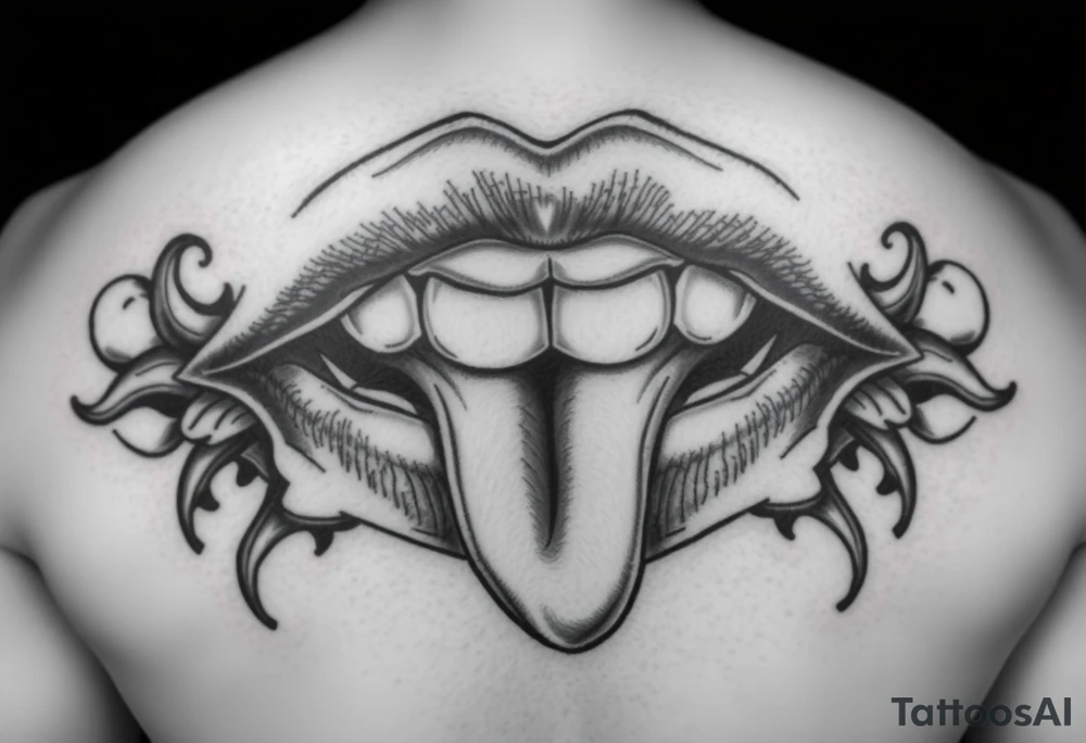 Make me a tattoo of a set of lips with a tongue coming out and a sexy woman sliding down the tongue tattoo idea