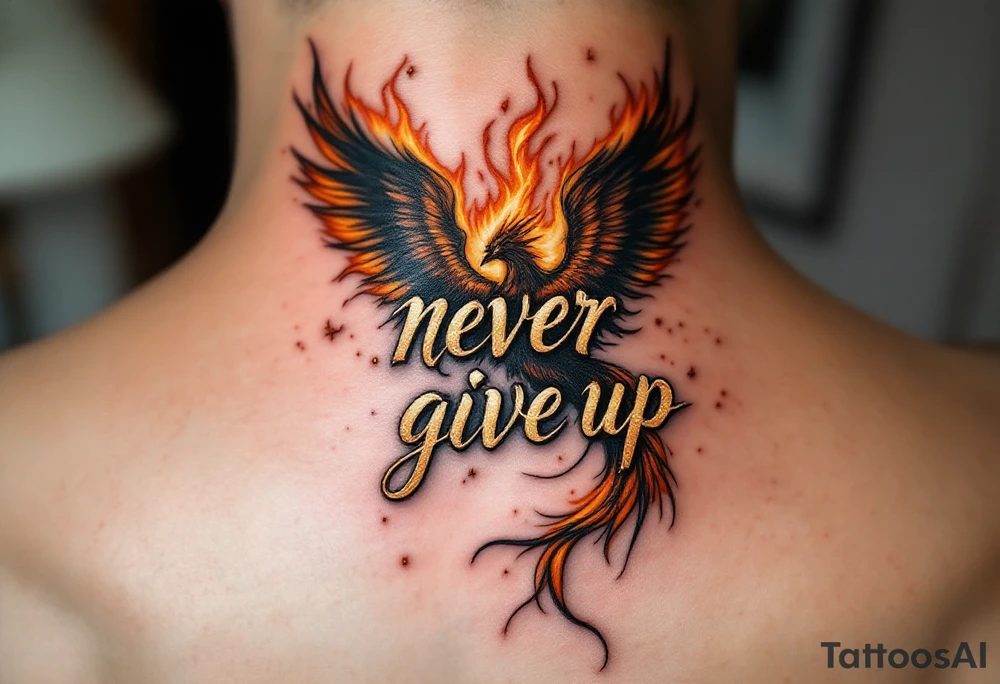 A burning phoenix rising behind the phrase "never give up" in metallic gold script. tattoo idea