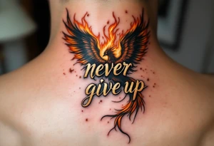 A burning phoenix rising behind the phrase "never give up" in metallic gold script. tattoo idea