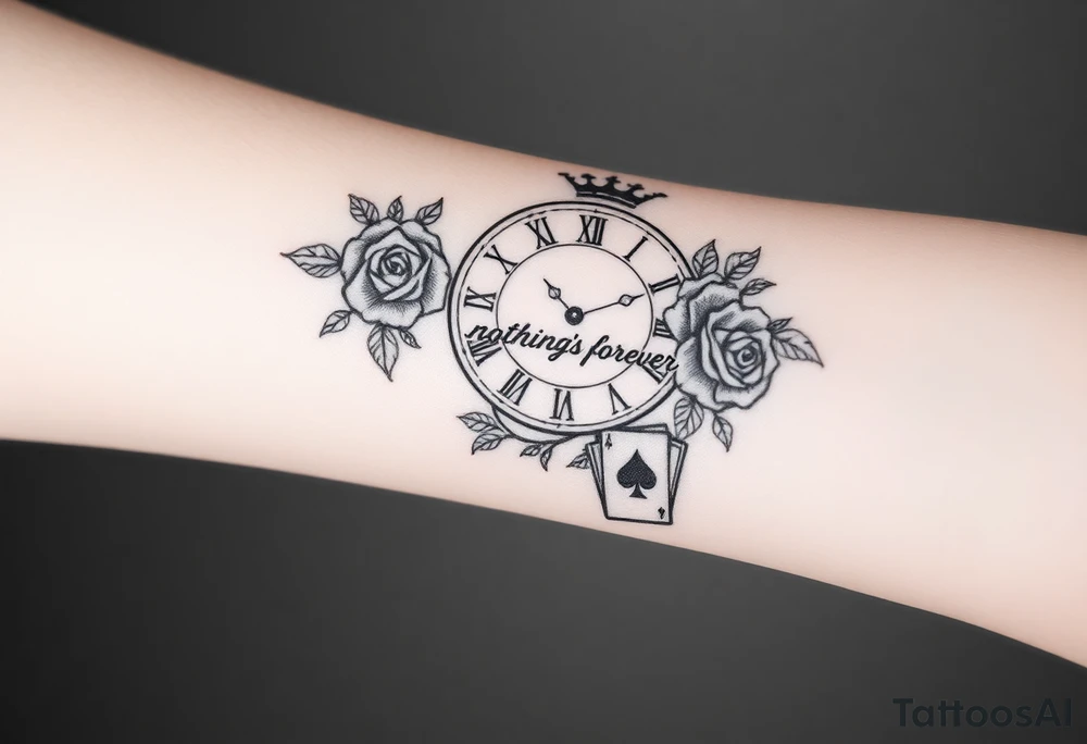 Roman clock with roses and a crown, a quote that says nothings forever. and on the bottom a deck of cards tattoo idea