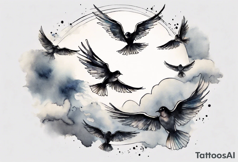 a shoulder round shape tattoo with lots of rays of light in gradient starting from the middle, birds flying free between clouds tattoo idea