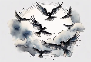 a shoulder round shape tattoo with lots of rays of light in gradient starting from the middle, birds flying free between clouds tattoo idea
