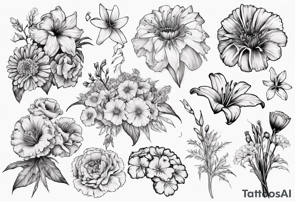 Bouquet including marigolds, lilies, morning glories, asters, violets, and carnations tattoo idea