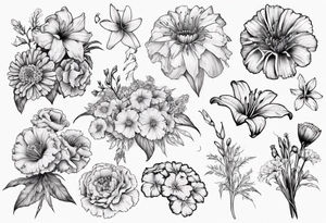 Bouquet including marigolds, lilies, morning glories, asters, violets, and carnations tattoo idea