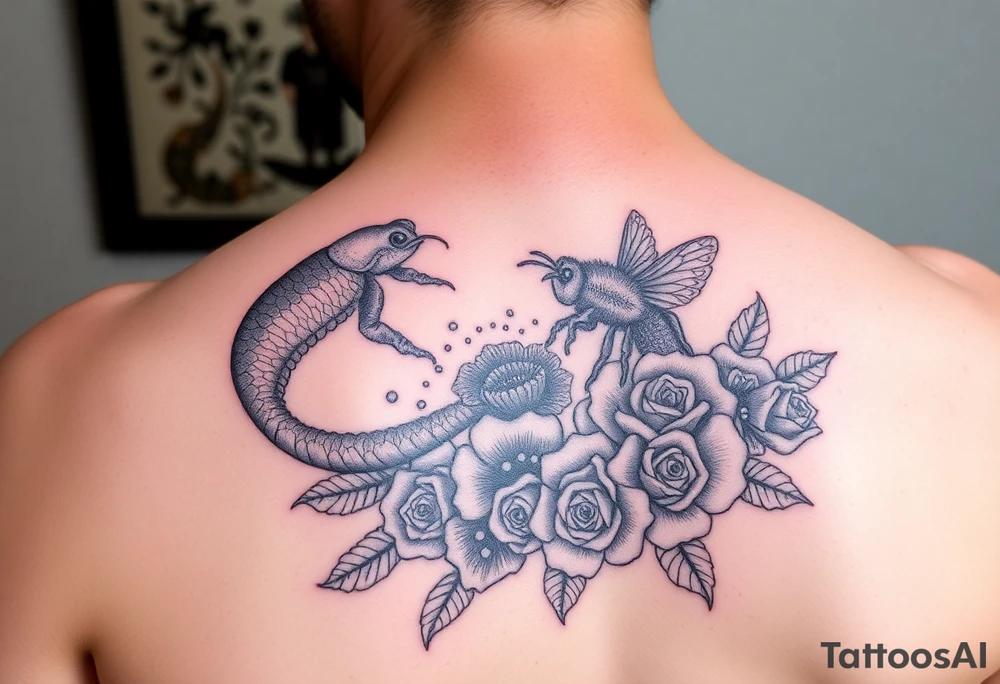 Colorful sea creatures with honey comb, bees, and roses tattoo idea