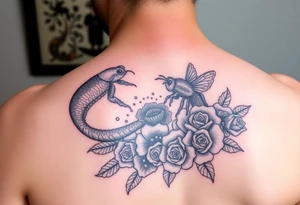 Colorful sea creatures with honey comb, bees, and roses tattoo idea