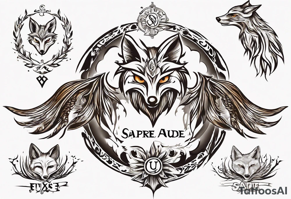 symbol eines Kriegers Wasser Eule Sonne Fuchs
un der Schriftzug : "Sapere Aude" tattoo idea