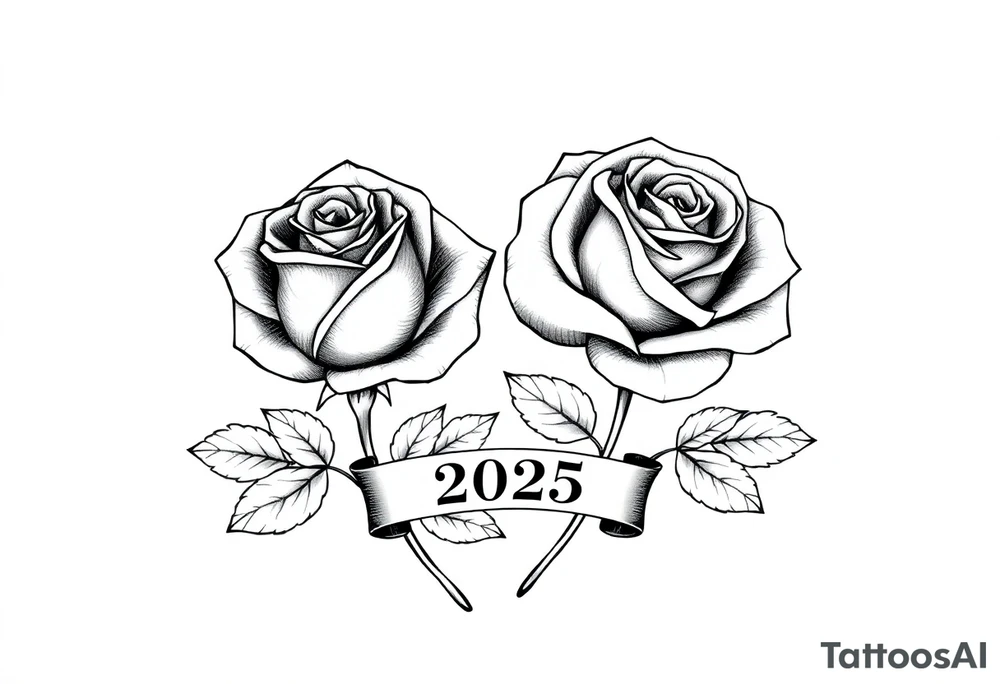 two beautiful large rose buds, one larger than the other, with lots and lots of leaves next to the rose buds, with one sitting slightly higher than the other, side-by-side.  Include a banner connecting the two roses with the year 2025 on it.   Use dark outlines with little shading. Remove all stems from the roses. tattoo idea