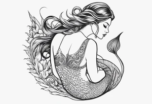 Draw a mermaid body with nice long fish tail with a shell bra tattoo idea