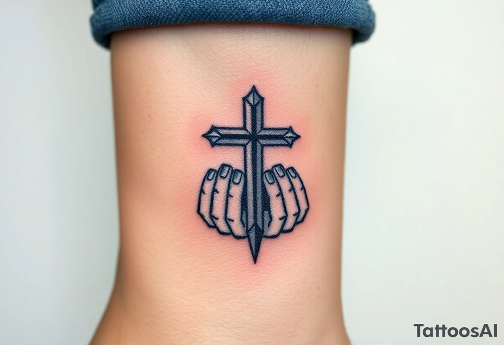 cast all your anxiety on him because he cares for you" with a cross and hands tattoo idea