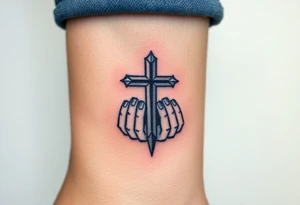 cast all your anxiety on him because he cares for you" with a cross and hands tattoo idea