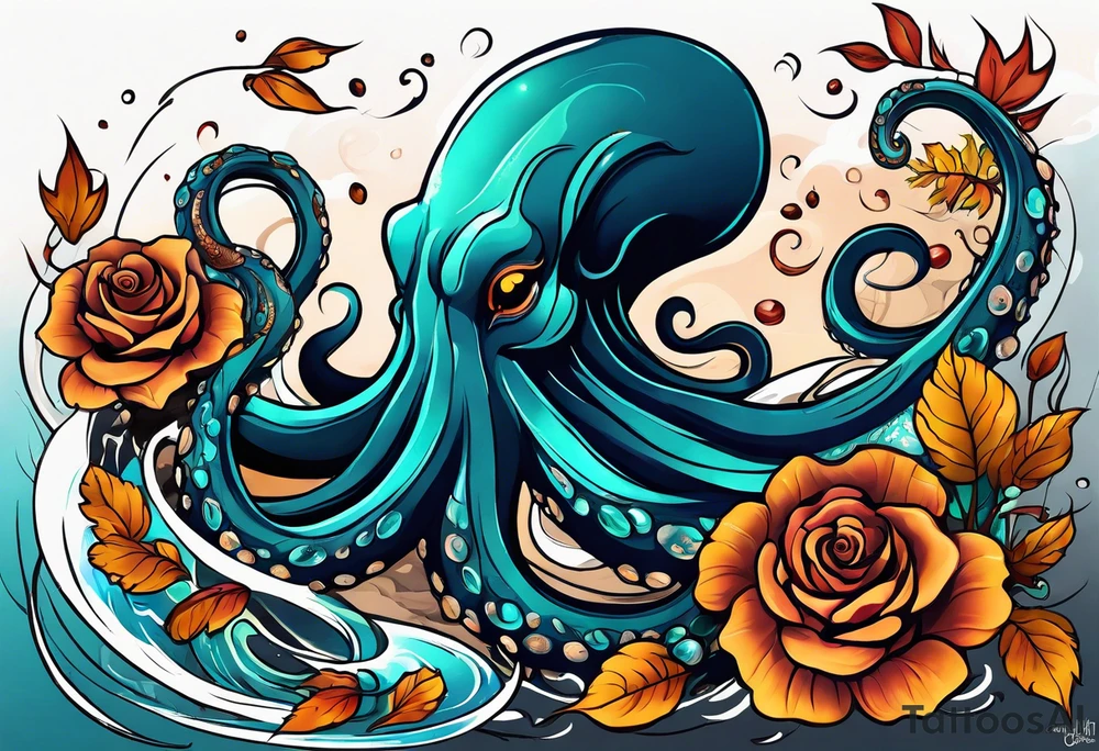 masculine abstract left thigh tattoo with a large long flowing octopus in water swirls wrapping around rocks, a rose, in fall colors with some small leaves and fall elements tattoo idea