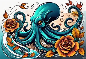 masculine abstract left thigh tattoo with a large long flowing octopus in water swirls wrapping around rocks, a rose, in fall colors with some small leaves and fall elements tattoo idea