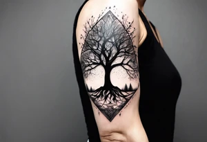 iron tree with branches ending in triangles, forearm tattoo tattoo idea