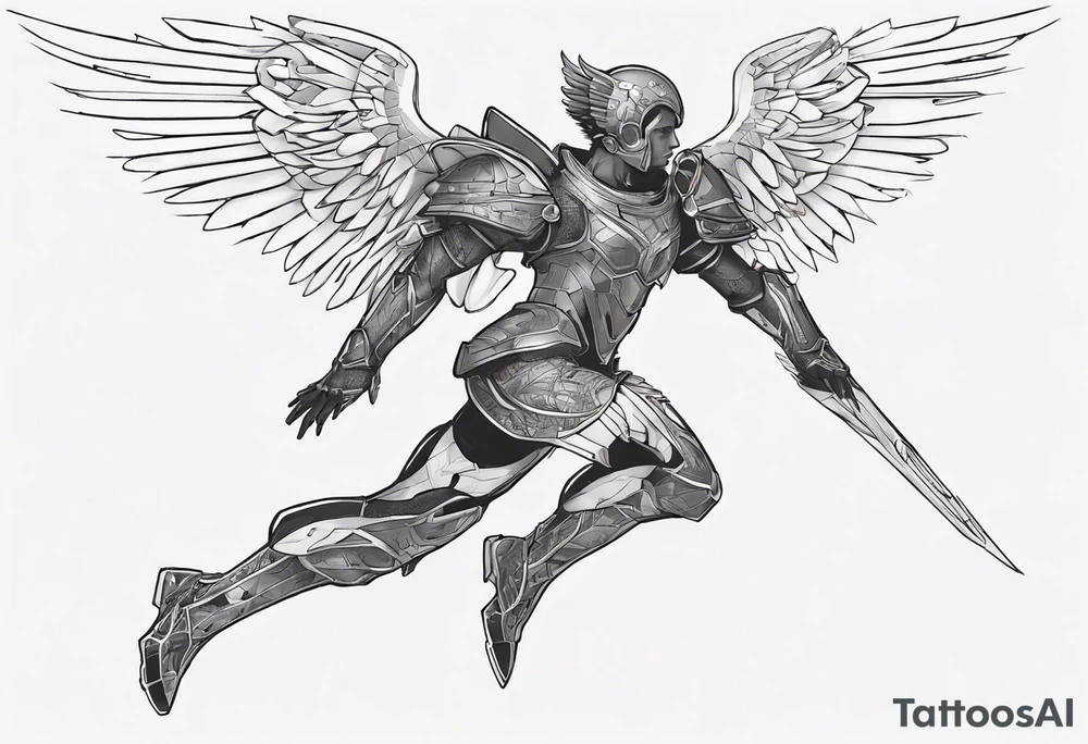 Side view of an black angel wearing inorganic armor that is in mid-air ready to attack tattoo idea