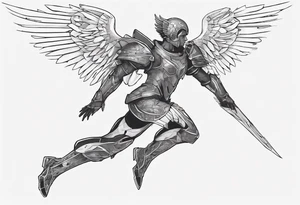 Side view of an black angel wearing inorganic armor that is in mid-air ready to attack tattoo idea