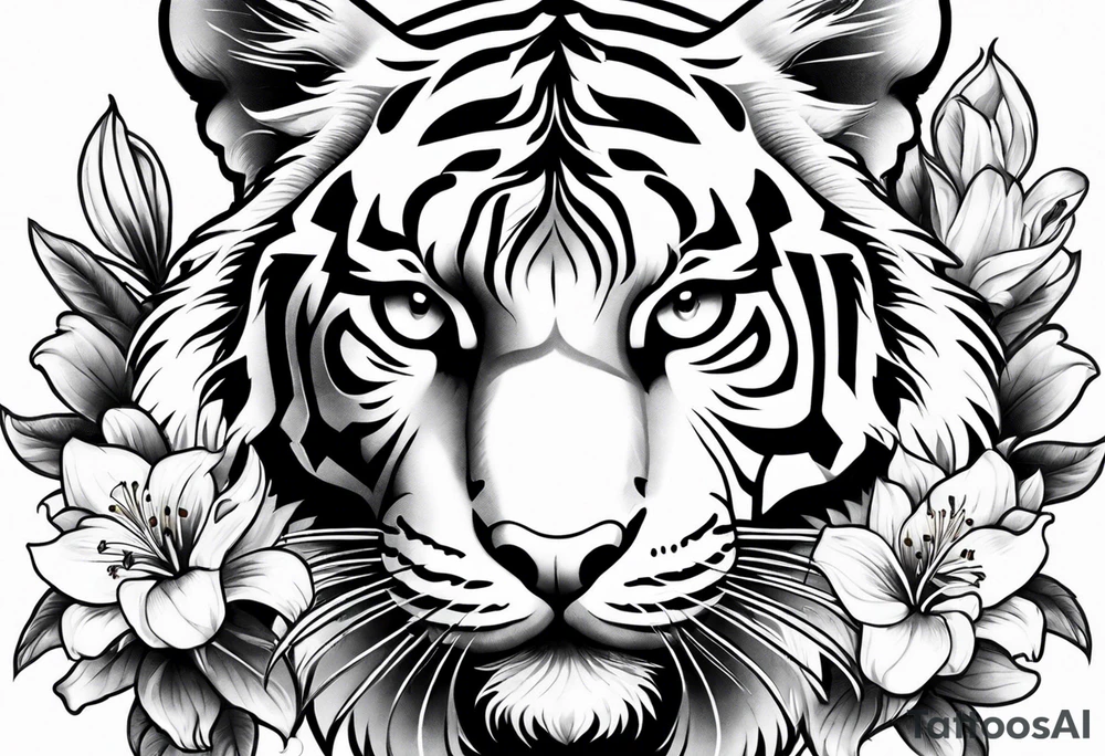 cute tiger with lily flowers tattoo idea