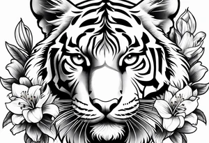 cute tiger with lily flowers tattoo idea