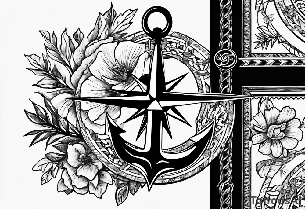 A selucid style anchor in front of a compass and a narrow laurel wreathe wrapped around the compass tattoo idea