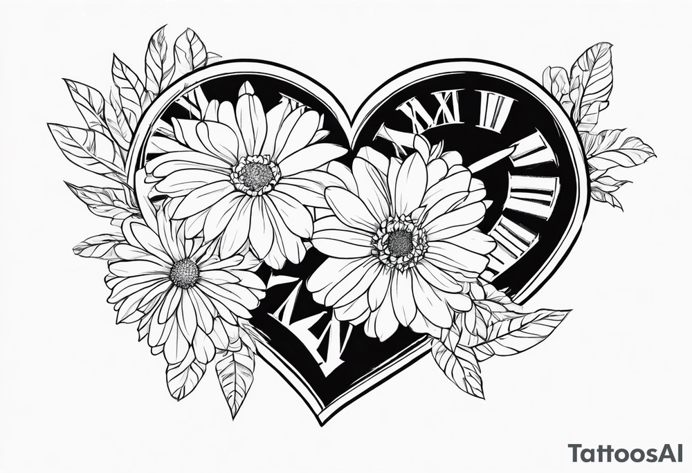 Heart with aster flowers and Cameron as the line to draw the heart and the time 8:34am written in words tattoo idea