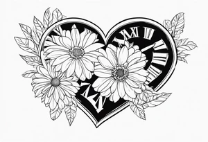Heart with aster flowers and Cameron as the line to draw the heart and the time 8:34am written in words tattoo idea