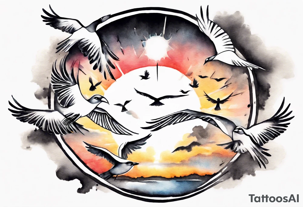 a shoulder round shape tattoo with lots of rays of light in gradient starting from the middle
, clouds and birds flying free tattoo idea