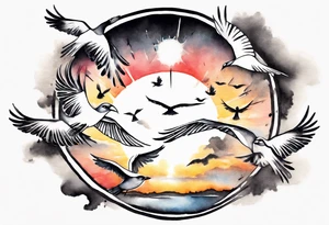 a shoulder round shape tattoo with lots of rays of light in gradient starting from the middle
, clouds and birds flying free tattoo idea