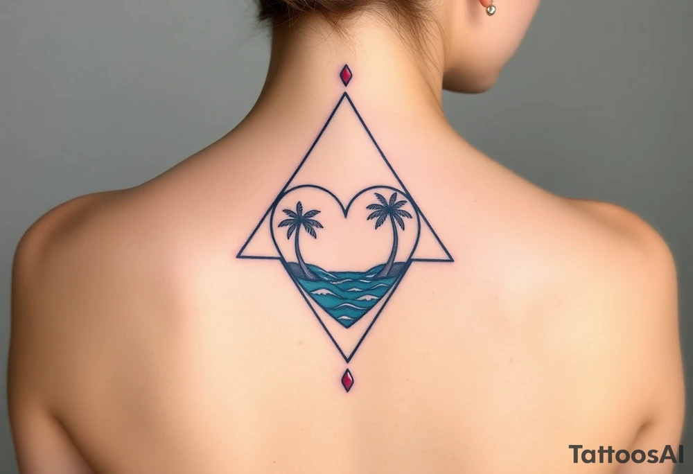 A triangle with a big heart in the center with an ocean theme and palm trees tattoo idea