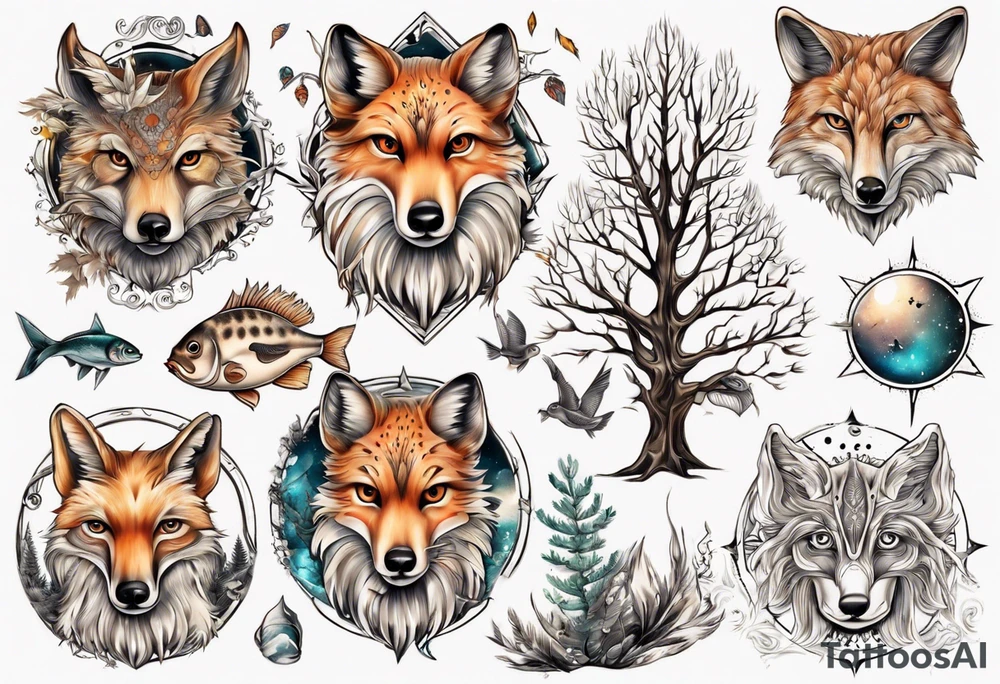 sonne, eule  wald, fuchs 
baum, sapere aude, Wasser, fisch tattoo idea